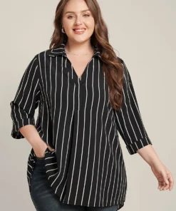 Striped Contrast V Neck Asymmetrical Hem Blouse