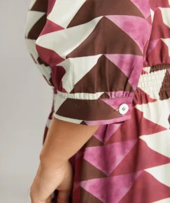 Geometric Shirred Button Up Ruffle Hem Dress -Clothing Shop 531059690 qg