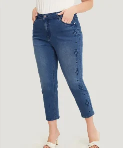 Very Stretchy Medium Wash Geometric Embroidered Jeans
