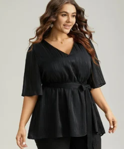 Solid Chiffon Belted High Low Hem Blouse -Clothing Shop 531695960 bm