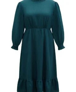 Plain Texture Elastic Waist Frill Trim Shirred Dress -Clothing Shop 532455029 ja