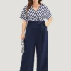 Striped Patchwork Pocket Batwing Sleeve Belted Wrap Jumpsuit