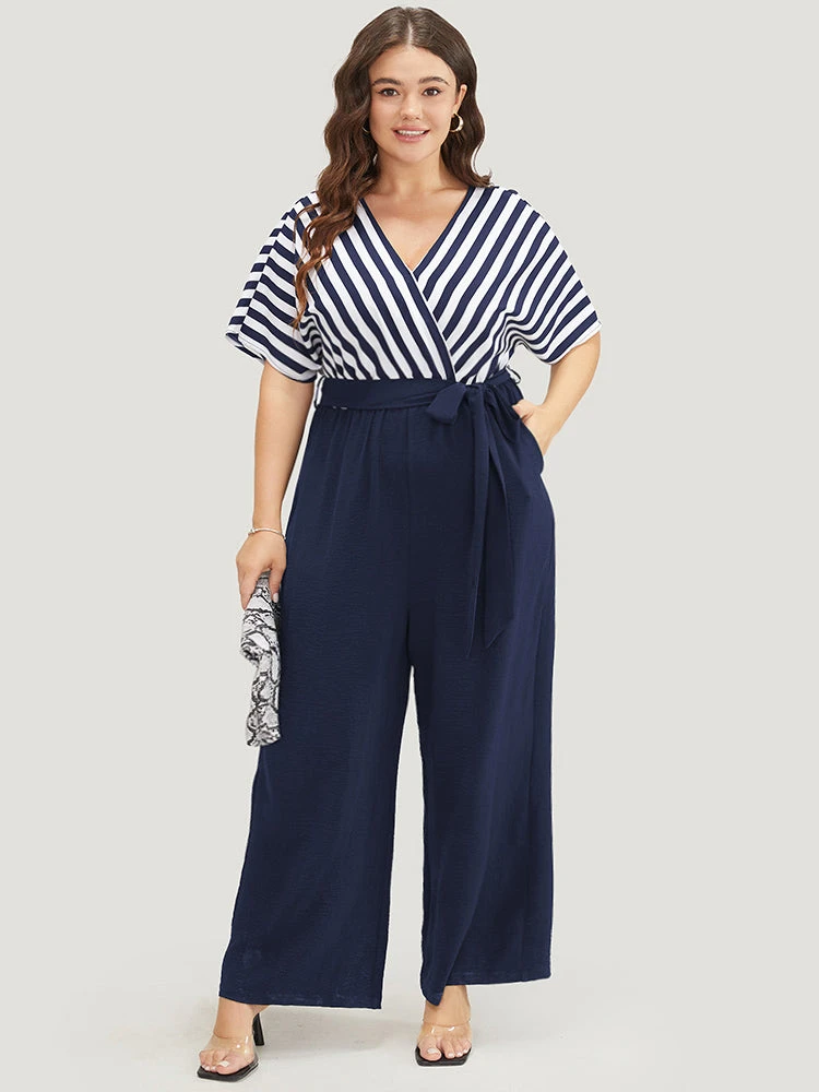 Striped Patchwork Pocket Batwing Sleeve Belted Wrap Jumpsuit 3 Striped Patchwork Pocket Batwing Sleeve Belted Wrap Jumpsuit
