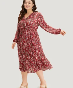 Ditsy Floral Pocket Shirred Notched Dress -Clothing Shop 532647026 km
