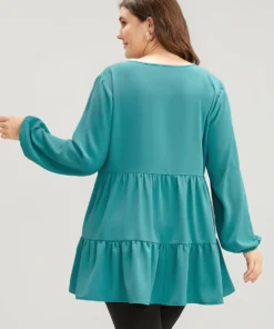 Solid V Neck Lantern Sleeve Ruffle Hem Blouse Without Belt -Clothing Shop 532738576 ig