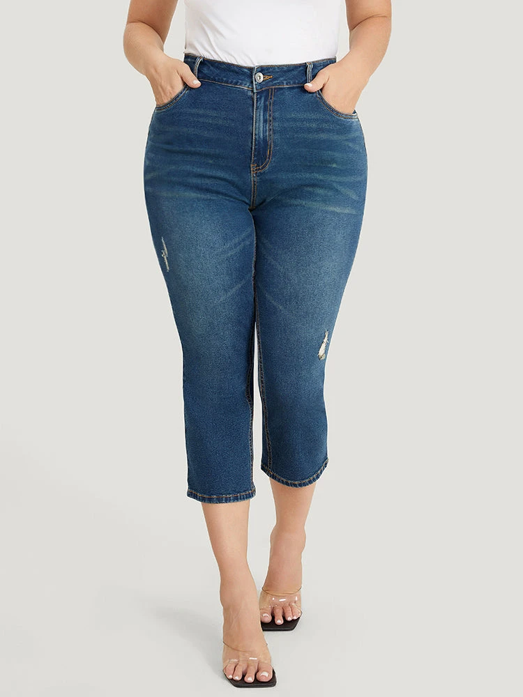 Very Stretchy High Rise Medium Wash Ripped Detail Cropped Jeans 8 Very Stretchy High Rise Medium Wash Ripped Detail Cropped Jeans - Image 6