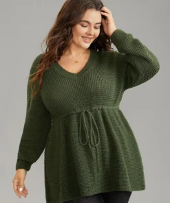 Solid Drawstring Curved Hem Knit Pullover
