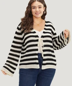 Striped Ties Front Eyelet Lace Cardigan