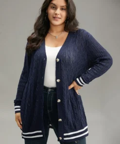 Cable Knit Striped Patchwork Button Through Cardigan