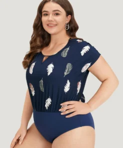 Feather Print Keyhole Batwing Sleeve Bodysuit -Clothing Shop 533245908 wi