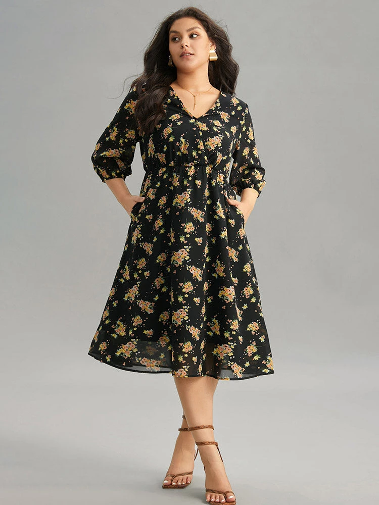 Floral Overlap Collar Pocket Elastic Waist Dress 3 Floral Overlap Collar Pocket Elastic Waist Dress