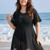 Solid Mesh Patchwork Ruffle Sleeve Swim Dress