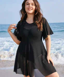 Solid Mesh Patchwork Ruffle Sleeve Swim Dress