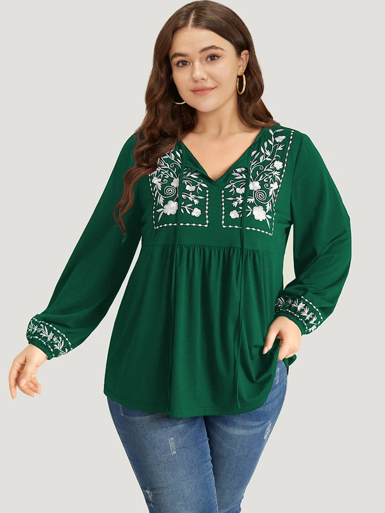 Floral Embroidered Knot Neck Lantern Sleeve T-shirt 17 Floral Embroidered Knot Neck Lantern Sleeve T-shirt - Image 15