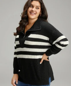 Striped Zipper Lapel Collar Drop Shoulder Pullover -Clothing Shop 534478100 pi