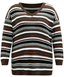 Striped Contrast Crew Neck Drop Shoulder Pullover -Clothing Shop 534885586 am