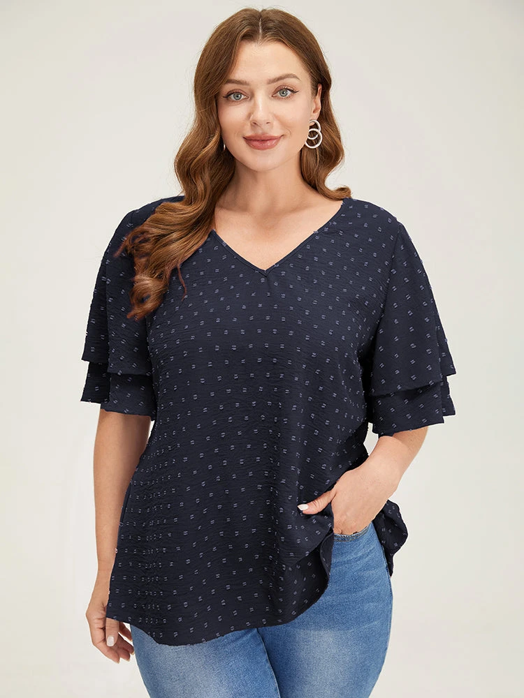 Plain Ruffle Tiered Sleeve V Neck Polka Dot Blouse 22 Plain Ruffle Tiered Sleeve V Neck Polka Dot Blouse - Image 20