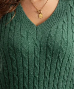 Lurex Cable Knit Plain V Neck Pullover -Clothing Shop 535510079 ja