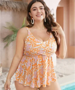 Floral Crossover Front Flutter Scoop Neck Tankini Top -Clothing Shop 536023071 mo