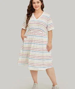 Rainbow Striped V Neck Pocket Contrast Midi Dress -Clothing Shop 536057018 tr