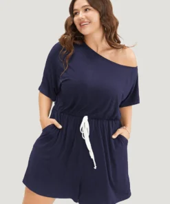 Solid Knotted Front Pocket One Shoulder Romper -Clothing Shop 536484235 tx