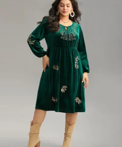 Boho Print Embroidered Velvet Keyhole Dress