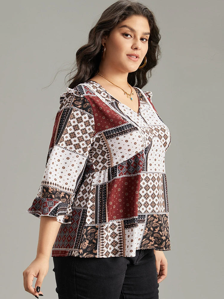 Moroccan Print Lace Panel Ruffles Frill Trim Blouse 5 Moroccan Print Lace Panel Ruffles Frill Trim Blouse - Image 3