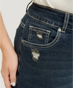 Very Stretchy High Rise Dark Wash Distressed Stitch Jeans -Clothing Shop 537766194 km