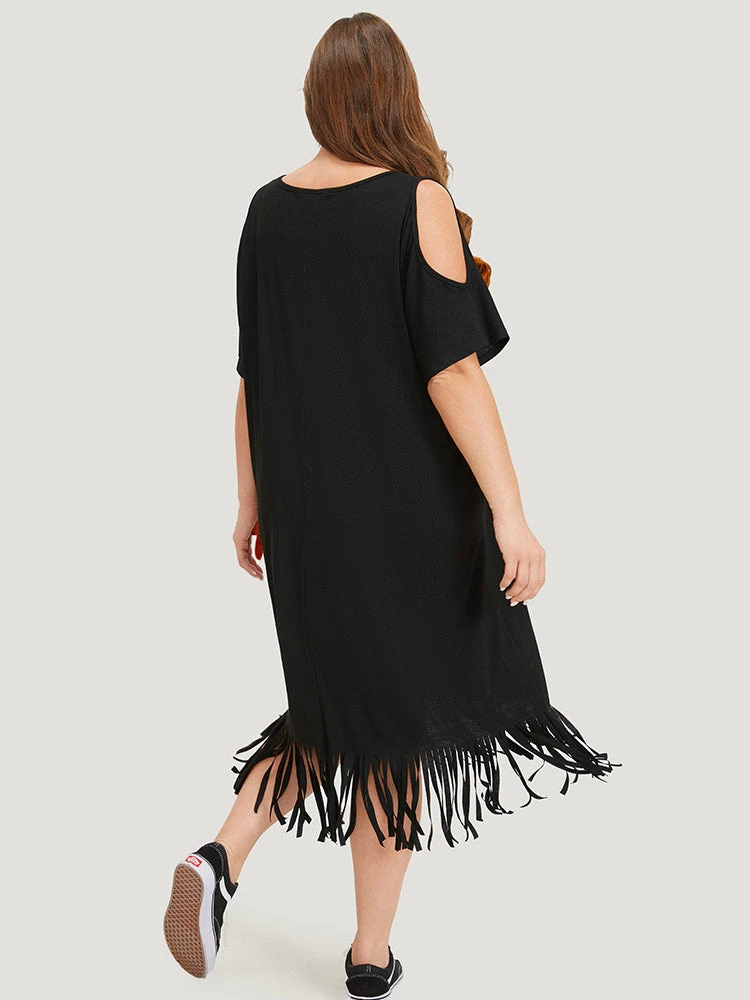 Supersoft Essentials Tropical Print Pocket Cold Shoulder Tassel Trim Dress 6 Supersoft Essentials Tropical Print Pocket Cold Shoulder Tassel Trim Dress - Image 4