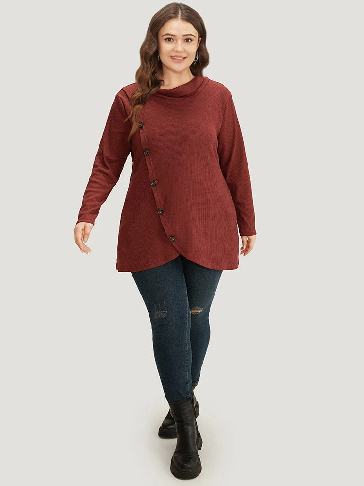 Rib Knit Mock Neck Wrap Pocket Button Detail Sweatshirt 6 Rib Knit Mock Neck Wrap Pocket Button Detail Sweatshirt - Image 4