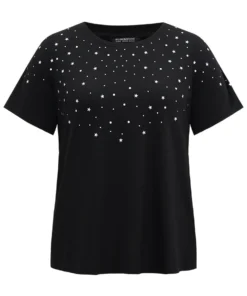 Glitter Star Print Crew Neck T-shirt -Clothing Shop 538648162 lz