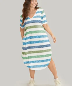 Striped Contrast Arc Hem V Neck Pocket Dress -Clothing Shop 538906170 fg 3efd258f ace3 46a2 b077 b23720caa3b7