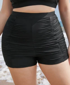 Solid High Waist Ruched Detail Swim Shorts