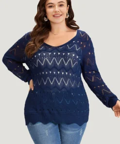 Geometric Eyelet Scalloped Trim Drop Shoulder Pullover 12 Geometric Eyelet Scalloped Trim Drop Shoulder Pullover -Clothing Shop 539317595 mb