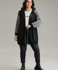 Textured Contrast Zipper Hooded Drawstring Sweatshirt -Clothing Shop 539458462 ln