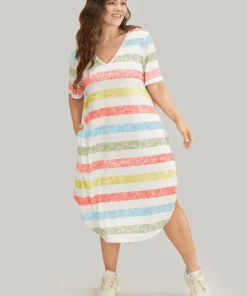 Striped Contrast Arc Hem V Neck Pocket Dress -Clothing Shop 539571226 cz