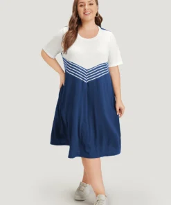 Striped Patchwork Flutter Colorblock Contrast Pocket Dress -Clothing Shop 539613552 kk