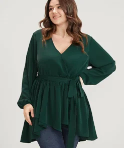 Solid Surplice Neck Belted Asymmetrical Hem Blouse 11 Solid Surplice Neck Belted Asymmetrical Hem Blouse -Clothing Shop 540253744 mr