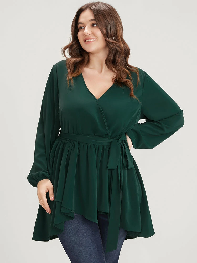 Solid Surplice Neck Belted Asymmetrical Hem Blouse 5 Solid Surplice Neck Belted Asymmetrical Hem Blouse - Image 3