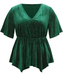 Velvet Elastic Waist Ruffle Sleeve Hanky Hem Blouse -Clothing Shop 540475549 rw