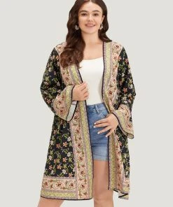 Boho Print Ruffle Sleeve Open Front Kimono