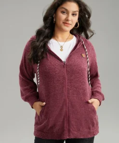 Solid Badge Trim Drawstring Zipper Jacket