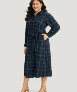 Plaid Shirt Collar Button Fly Belted Dress -Clothing Shop 540884978 nd