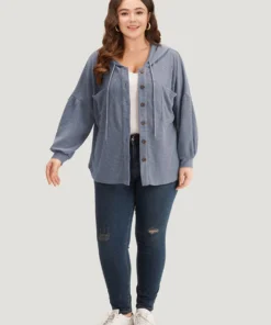 Plain Texture Pocket Button Through Drawstring Hooded Jacket -Clothing Shop 540928850 uo