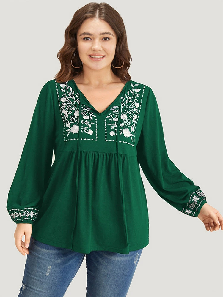 Floral Embroidered Knot Neck Lantern Sleeve T-shirt 18 Floral Embroidered Knot Neck Lantern Sleeve T-shirt - Image 16