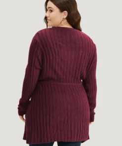 Rib Knit Drawstring Split Side Tunic Cardigan -Clothing Shop 541785784 qw