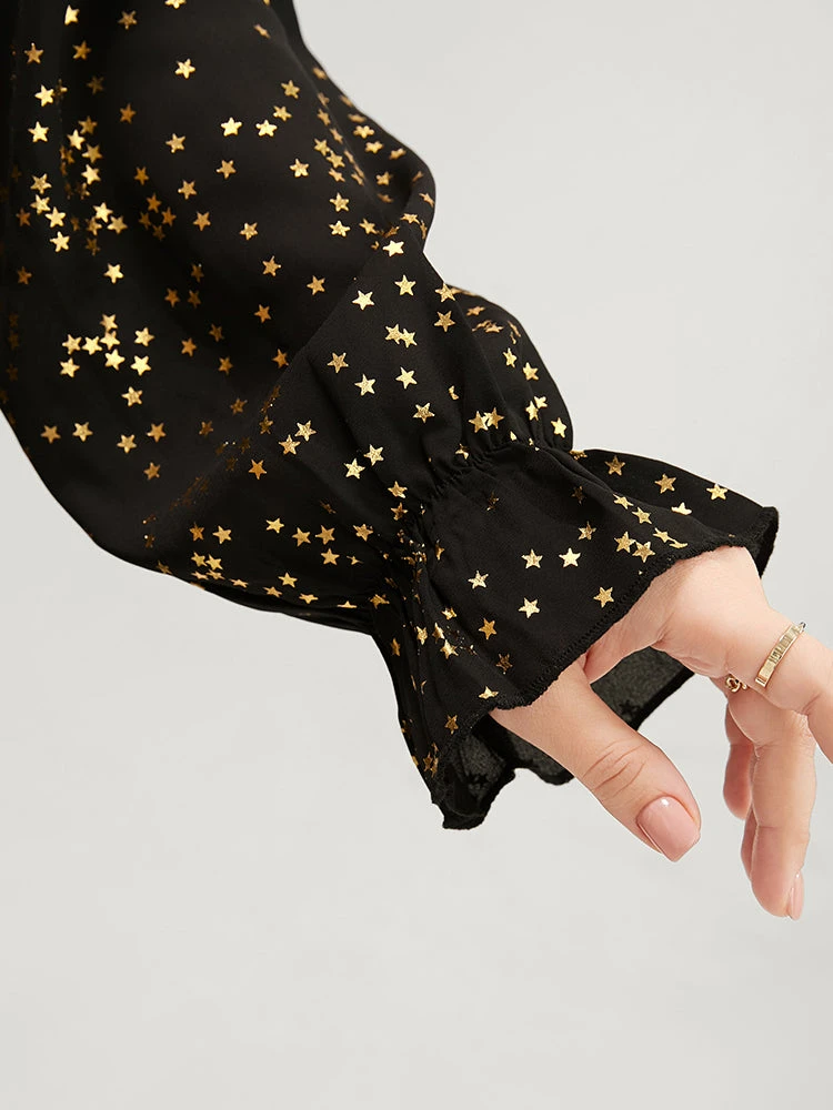 Star Print Lantern Sleeve Asymmetrical Ruffles Hem Wrap Blouse 10 Star Print Lantern Sleeve Asymmetrical Ruffles Hem Wrap Blouse - Image 8
