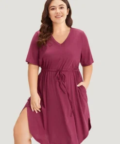 Supersoft Essentials Plain Pocket Curved Hem Drawstring V Neck Dress -Clothing Shop 54207868 yc 51f34c01 0533 47e4 8468 5900f1e7462d