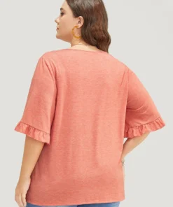 Solid Gathered Ruffle Trim Flounce Sleeve T-shirt -Clothing Shop 542841215 ed 31c16b09 9877 4b6b babe acddd7cbd3fb