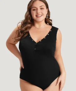 Supersoft Essentials Plain Rib Knit Button Detail Tank Bodysuit